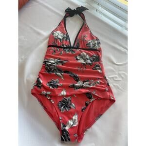 Tommy Bahama Coral Hibiscus Women's One Piece Halter Swimsuit Sz 6 Ruched Waist